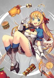Rule 34 | 1girl, ahoge, blue eyes, boots, breasts, burger, cake, chicken (food), cleavage, cookie, food, gloves, hair between eyes, iced coffee, large breasts, liem (zero854), long hair, open mouth, pecorine (princess connect!), princess connect!, ribbon, short sleeves, skewer, skirt, smile, solo, tiara, very long hair