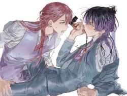 Rule 34 | 2boys, absurdres, blue eyes, blue suit, blush, bottle, chamuring, clothes pull, drinking, drunk, ear piercing, formal, from side, frown, haitani rindou, hand on another&#039;s leg, highres, holding, holding bottle, jacket, jacket pull, leaning back, leaning forward, lying, male focus, multiple boys, necktie, pants, piercing, pink hair, purple eyes, purple hair, purple necktie, purple suit, red necktie, sanzu haruchiyo, shirt, spilling, suit, tokyo revengers, vest, white shirt, wine bottle, wolf cut, yaoi