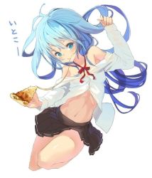 Rule 34 | 10s, 1girl, blue eyes, blue hair, blush, breasts, denpa onna to seishun otoko, eating, food, jpeg artifacts, long hair, looking at viewer, matching hair/eyes, midriff, navel, off shoulder, pizza, pizza slice, pleated skirt, simple background, skirt, small breasts, smile, solo, touwa erio, translation request, unbuttoned, white background, yoo (tabi no shiori)