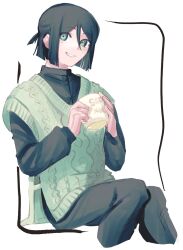 Rule 34 | 1boy, black hair, black pants, black shirt, buttons, cropped legs, cup, fate/zero, fate (series), green eyes, grey sweater, grin, happy, highres, holding, holding cup, looking at viewer, male focus, mug, pants, shirt, smile, solo, sweater, tokoni fusu, waver velvet