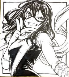 Rule 34 | 1girl, animification, breasts, chiba toshirou, commentary request, domino mask, elbow gloves, gloves, greyscale, grin, half-closed eye, highres, kamala khan, marker (medium), marvel, mask, monochrome, ms. marvel, scarf, small breasts, smile, solo, superhero costume, traditional media, upper body, v