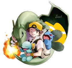 Rule 34 | 1boy, alternate color, baseball cap, brown eyes, brown hair, charizard, commentary request, creatures (company), fire, flame-tipped tail, game freak, gen 1 pokemon, hat, holding, holding pokemon, ivysaur, jacket, looking back, male focus, nintendo, one eye closed, parted lips, pokemon, pokemon (creature), pokemon frlg, red (pokemon), short sleeves, signature, squirtle, super smash bros., three guo, vs seeker, white background, yellow headwear, yellow wristband