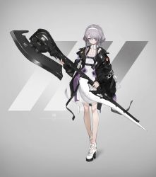 Rule 34 | 1girl, a-z e (neco), also sprach zarathustra (neco), closed mouth, dress, full body, grey background, grey hair, hair over one eye, hairband, high heels, highres, holding, holding weapon, jacket, looking at viewer, neco, original, purple eyes, short hair, short hair with long locks, simple background, solo, standing, weapon, white dress, white hairband