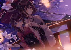 Rule 34 | 10s, 2girls, alternate costume, bad id, bad pixiv id, black hair, blue eyes, braid, branch, breasts, cherry blossoms, detached sleeves, female focus, flower, hair ornament, hakama, hakama skirt, japanese clothes, kantai collection, kureaki (exit), long hair, multiple girls, nature, nontraditional miko, oil-paper umbrella, outdoors, petals, plant, red eyes, shared umbrella, shigure (kancolle), short hair, single braid, skirt, sky, umbrella, yamashiro (kancolle)