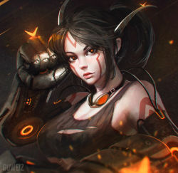 Rule 34 | 1girl, armor, artist name, bare shoulders, black background, black eyes, black hair, black shirt, breasts, cable, cleavage, clenched hand, expressionless, facepaint, facial mark, female focus, gauntlets, glowing, goggles, goggles around neck, guweiz, headgear, joints, large breasts, lips, looking at viewer, machinery, orange pupil, original, screw, shirt, simple background, sleeveless, sleeveless shirt, solo, tank top, tattoo, torn clothes, torn shirt, underboob, upper body