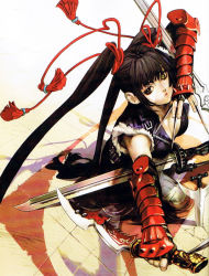 Rule 34 | black hair, gloves, heterochromia, highres, knife, ribbon, sleeveless, solo, sword, twintails, weapon
