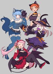 Rule 34 | 4girls, animal ears, bell, belt, black dress, black eyes, blue hair, blunt bangs, blush, breasts, candy, cat ears, cat tail, claws, cleavage, cleavage cutout, clothing cutout, demon horns, demon tail, demon wings, do m kaeru, dress, fake animal ears, fang, fire emblem, fire emblem: three houses, food, gloves, halloween costume, hat, hilda valentine goneril, horns, large breasts, leonie pinelli, lollipop, long hair, long sleeves, low wings, lysithea von ordelia, marianne von edmund, multicolored clothes, multicolored dress, multiple girls, navel, neck bell, nintendo, one eye closed, open mouth, orange eyes, orange hair, pink eyes, pink hair, purple dress, red dress, short hair, shorts, tail, thighhighs, thighs, twintails, white hair, wings, witch hat, wolf ears, wolf tail