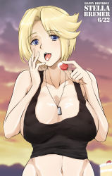 Rule 34 | 1girl, bad id, bad pixiv id, between breasts, black tank top, blonde hair, breasts, cake, cleavage, covered erect nipples, dog tags, food, fruit, green kaminari, happy birthday, highres, large breasts, looking at viewer, midriff, muv-luv, muv-luv alternative, muv-luv total eclipse, navel, no bra, open mouth, purple eyes, short hair, smile, solo, stella bremer, strawberry, strawberry shortcake, tank top, tongue, tongue out, upper body, whipped cream