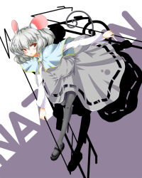 Rule 34 | 1girl, animal ears, blush, capelet, dowsing rod, female focus, full body, grey hair, highres, looking back, mary janes, mouse ears, mouse tail, nazrin, pantyhose, red eyes, shoes, short hair, shoushinmono, simple background, solo, tail, tanaka ginji, touhou
