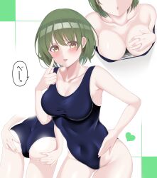 Rule 34 | 1girl, :o, :p, absurdres, artist request, ass, blush, breasts, cleavage, collarbone, downblouse, from above, from behind, green background, green hair, highleg, highleg swimsuit, highres, idolmaster, idolmaster shiny colors, japanese text, large breasts, legs, looking at viewer, medium hair, nanakusa nichika, school swimsuit, solo, spread ass, standing, swimsuit, text focus, thighs, tongue, tongue out, white background