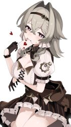 Rule 34 | 1girl, ace (playing card), alternate costume, awe (adorableduckyy), black gloves, blush, braid, breasts, brown gloves, card, card in mouth, cleavage, crossed bangs, food, gear hair ornament, gloves, hair between eyes, hair intakes, hairband, headband, heart, highres, holding, honkai (series), honkai impact 3rd, large breasts, long hair, looking at viewer, medium hair, mouth hold, playing card, puffy sleeves, short sleeves, simple background, sitting, solo, thighs, vill-v, white background