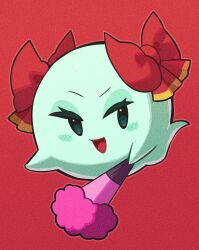 Rule 34 | 1girl, black eyes, black outline, bow, bow (paper mario), ghost, hand fan, highres, holding, holding fan, looking at viewer, mario (series), nintendo, open mouth, outline, paper mario, paper mario 64, red background, red bow, red headwear, simple background, smile, solo, tanpopo hayabusa-maru