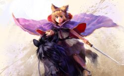 Rule 34 | 1girl, black horse, blonde hair, bracelet, cape, closed mouth, commentary request, earmuffs, highres, holding, holding reins, holding sword, holding weapon, horse, horseback riding, jewelry, pointy hair, purple cape, red cape, red eyes, reins, riding, saddle, satellitedragon, shoes, short hair, smile, solo, sword, touhou, toyosatomimi no miko, two-sided cape, two-sided fabric, weapon, yellow eyes