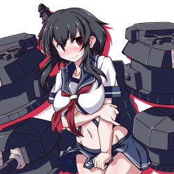 Rule 34 | 1girl, 547th sy, alternate costume, black hair, blue sailor collar, blue skirt, blush, breasts, closed mouth, clothing cutout, collarbone, cosplay, covering privates, covering crotch, dated, hair ornament, headgear, highres, kako (kancolle), kako (kancolle) (cosplay), kantai collection, large breasts, midriff, navel, nose blush, outline, red eyes, red neckwear, rigging, sailor collar, school uniform, serafuku, short hair with long locks, short sleeves, signature, simple background, skirt, solo, sweat, tears, underboob cutout, wavy mouth, white background, yamashiro (kancolle)
