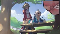 Rule 34 | 2girls, absurdres, clenched teeth, clothed sex, cum, cum in pussy, ejaculation, from behind, futa with female, futanari, highres, internal cumshot, multiple girls, open mouth, outdoors, paintrfiend, penis, picnic table, senki zesshou symphogear, sex, sex from behind, table, tachibana hibiki (symphogear), teeth, vaginal, yukine chris