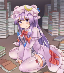 Rule 34 | 1girl, blue bow, blue ribbon, blush, book, book stack, bow, bowtie, check commentary, commentary request, crescent, crescent pin, dress bow, hair bow, hands on floor, hat, hat ribbon, houshiruri, kneeling, lavender legwear, long hair, long sleeves, looking at viewer, patchouli knowledge, purple eyes, purple hair, purple thighhighs, red bow, red bowtie, ribbon, smile, bow legwear, solo, thighhighs, thighs, touhou, very long hair, wide sleeves