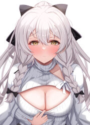 Rule 34 | 1girl, absurdres, alternate costume, azur lane, black bow, bow, braid, breasts, cleavage, cleavage cutout, clothing cutout, hair bow, hermione (azur lane), highres, kuon (kuon), large breasts, long hair, long sleeves, looking at viewer, simple background, solo, sweater, turtleneck, turtleneck sweater, twin braids, upper body, white background, white hair, yellow eyes