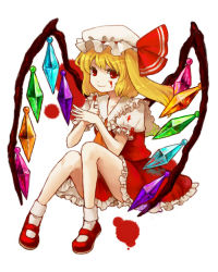 Rule 34 | 1girl, bad id, bad pixiv id, blonde hair, blood, female focus, flandre scarlet, full body, hat, looking at viewer, mary janes, red eyes, shoes, short hair, side ponytail, simple background, sitting, smile, solo, tachibana amane (amane01a), touhou, wings