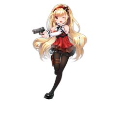 Rule 34 | 1girl, ;d, asymmetrical sleeves, beretta 92, black footwear, black pantyhose, black ribbon, black skirt, blonde hair, breasts, brooch, detached sleeves, dress, finger on trigger, full body, girls&#039; frontline, gun, hair ornament, hairband, handgun, holster, jewelry, light blush, long hair, looking at viewer, m9 (girls&#039; frontline), mary janes, medium breasts, mvv, neck ribbon, official art, one eye closed, open mouth, pantyhose, red dress, red eyes, ribbon, shoes, simple background, skirt, sleeve ribbon, sleeveless, sleeveless dress, smile, solo, standing, standing on one leg, star (symbol), star hair ornament, thigh holster, transparent background, very long hair, weapon, white sleeves