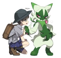 1boy animal animal_hands backpack bag creatures_(company) floragato florian_(pokemon) game_freak looking_at_another nintendo pokemon pokemon_(creature) pokemon_sv school_uniform shorts squatting wadasada