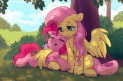 Rule 34 | 2girls, blue sky, blush, bush, closed eyes, cloud, day, feathered wings, fluttershy, grass, green eyes, highres, horse, long hair, looking at another, multiple girls, my little pony, my little pony: friendship is magic, open mouth, outdoors, pegasus, pink fur, pink hair, pinkie pie, sky, skylight (ls skylight), sleeping, tree, wings, yellow fur, yellow wings