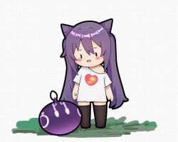 Rule 34 | 1girl, bare shoulders, black thighhighs, blush stickers, chibi, commentary request, cone hair bun, double bun, full body, genshin impact, grass, hair between eyes, hair bun, highres, keqing (genshin impact), ldd.ek, long hair, looking at another, open mouth, print shirt, purple hair, shirt, short sleeves, simple background, slime (genshin impact), smile, split mouth, standing, thighhighs, twintails, white background, white shirt