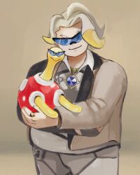 Rule 34 | 1boy, black-framed eyewear, blonde hair, blue-tinted eyewear, brown background, brown jacket, closed mouth, collared shirt, commentary request, creatures (company), game freak, gen 2 pokemon, gordie (pokemon), highres, holding, holding pokemon, jacket, jewelry, koala 0l, long sleeves, male focus, multicolored hair, necklace, nintendo, open clothes, open jacket, pokemon, pokemon (creature), pokemon swsh, ring, shirt, shorts, shuckle, smile, sunglasses, tinted eyewear, two-tone hair