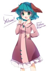 Rule 34 | 1girl, animal ears, blush, dated, dog ears, dress, enjoy mix, feet out of frame, green eyes, green hair, kasodani kyouko, long sleeves, one-hour drawing challenge, open mouth, pink dress, short hair, simple background, solo, touhou, twitter username, white background