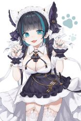 Rule 34 | 1girl, absurdres, animal ears, apron, aqua hair, azur lane, bizet, blue apron, blue eyes, blue hair, blush, breasts, cat ears, cheshire (azur lane), cleavage, cleavage cutout, clothing cutout, detached sleeves, dress, earrings, hand up, highres, index finger raised, jewelry, large breasts, looking at viewer, maid, maid headdress, multicolored hair, on bed, one eye closed, open mouth, short hair, smile, solo, streaked hair, thighhighs, tongue, white dress, white thighhighs, wrist cuffs