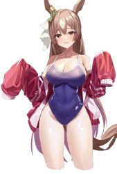 Rule 34 | 1girl, :d, animal ears, animated, animated gif, bare shoulders, blue one-piece swimsuit, blush, bow, breasts, brown hair, chinese commentary, collarbone, commentary request, covered navel, cowboy shot, cropped legs, ear ribbon, feipin zhanshi, hands up, heart, horse ears, horse girl, horse tail, jacket, large breasts, live2d, long hair, looking at viewer, one-piece swimsuit, open clothes, open jacket, open mouth, red jacket, satono diamond (umamusume), simple background, sleeves past fingers, sleeves past wrists, smile, solo, spoken expression, standing, swimsuit, tail, umamusume, very long hair, wet, white background, yellow eyes