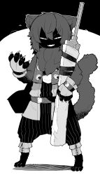 1girl cat cat_girl claws commentary_request digitigrade double-parted_bangs fingerless_gloves furry furry_female gloves greyscale hair_between_eyes highres holding holding_sword holding_weapon kometsubu looking_at_viewer medium_hair monochrome open_mouth original pathfinder sharp_teeth slit_pupils solo striped_clothes sword teeth twintails vertical-striped_clothes weapon weapon_bag