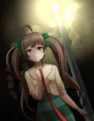 Rule 34 | 1girl, ahoge, bag, breasts, brown cardigan, brown eyes, brown hair, cardigan, commentary request, dutch angle, hakozaki serika, holding, holding bag, holding leash, idolmaster, idolmaster million live!, kotori ryou, lamppost, leash, long hair, pov, small breasts, smile, solo, twintails