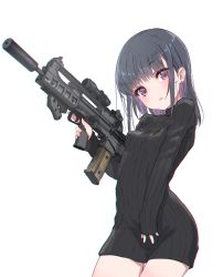 Rule 34 | 1girl, assault rifle, black hair, black sweater, bullpup, chromatic aberration, commentary request, earrings, gun, highres, holding, holding gun, holding weapon, jewelry, long hair, looking at viewer, necklace, oota youjo, original, parted lips, pink eyes, rifle, scope, sleeves past wrists, solo, stud earrings, suppressor, sweater, trigger discipline, turtleneck, turtleneck sweater, vhs-d2, weapon, white background