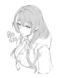 Rule 34 | 1girl, character request, copyright request, cropped torso, girls&#039; frontline, greyscale, hair between eyes, long hair, monochrome, osterei, raincoat, ro635 (girls&#039; frontline), sketch, solo, upper body, white background