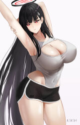Rule 34 | 1girl, absurdres, armpits, arms up, black hair, black shorts, blue archive, breasts, cleavage, collarbone, commentary, covered navel, cowboy shot, english commentary, grey leotard, hair ornament, hairclip, halo, highres, ilsksh, large breasts, leotard, long hair, mixed-language commentary, parted lips, red eyes, rio (blue archive), short shorts, shorts, simple background, solo, thighs, very long hair, white background