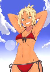 Rule 34 | 1girl, armpits, arms behind head, bad id, bad pixiv id, bikini, blonde hair, blue sky, breasts, cleavage, cloud, cowboy shot, day, fate/apocrypha, fate/grand order, fate (series), from below, front-tie top, green eyes, grin, groin, highres, medium breasts, minakamirin, mordred (fate), mordred (fate) (all), mordred (fate/apocrypha), mordred (swimsuit rider) (fate), mordred (swimsuit rider) (first ascension) (fate), navel, red bikini, side-tie bikini bottom, side-tie bottom, sky, smile, solo, swimsuit, tan