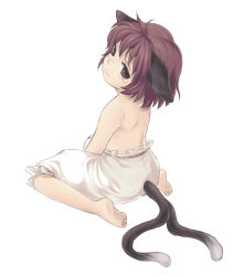Rule 34 | 1girl, animal ears, bad id, bad pixiv id, barefoot, bloomers, brown hair, cat ears, cat girl, cat tail, chen, feet, female focus, from behind, full body, kneeling, multiple tails, negi (artist), negi (type03), plantar flexion, short hair, simple background, sitting, solo, tail, tears, topless, touhou, two tails, underwear, underwear only, white background, white bloomers