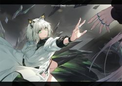 Rule 34 | 2girls, animal ear fluff, animal ears, arknights, cat ears, cat girl, dated, green eyes, highres, jewelry, kal&#039;tsit (arknights), lab coat, letterboxed, long hair, multiple girls, parted lips, reaching, reaching towards viewer, ring, short hair, silver hair, theresa (arknights), yumero