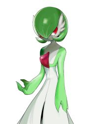 Rule 34 | 1girl, arm at side, bob cut, colored skin, creatures (company), female focus, flat chest, game freak, gardevoir, gen 3 pokemon, green hair, green skin, highres, lafe (lafe6250), looking to the side, multicolored skin, nintendo, no mouth, pokemon, pokemon (creature), red eyes, short hair, simple background, solo, standing, two-tone skin, white background, white skin