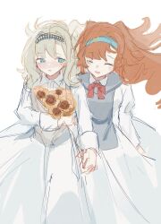 Rule 34 | 2girls, blonde hair, blue eyes, blue hairband, blush, bouquet, bow, bowtie, checkered hairband, closed eyes, collared dress, commentary request, dress, flower, hairband, highres, holding, holding bouquet, holding hands, interlocked fingers, long hair, long sleeves, matilda bouanich, multiple girls, nelizx, one side up, orange hair, parted lips, red bow, red bowtie, reverse:1999, simple background, smile, sonetto (reverse:1999), sunflower, thai commentary, two side up, white background, white dress, yuri