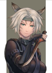 Rule 34 | 1girl, absurdres, animal ear fluff, animal ears, arm guards, adventurer (ff11), blue eyes, breasts, cactus41747280, cat ears, cat girl, closed mouth, dagger, facial mark, final fantasy, final fantasy xi, fishnets, grey hair, hair intakes, hand up, highres, holding, holding dagger, holding knife, holding weapon, knife, looking at viewer, medium breasts, mithra (ff11), ninja, ninja (final fantasy), no eyebrows, short hair, solo, upper body, weapon, whisker markings