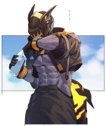 Rule 34 | 1boy, abs, protagonist (pso2), bara, bare pectorals, black gloves, black pants, bottle, colored skin, cropped jacket, cyborg, gloves, glowing, hakidashi 11, holding, holding bottle, jacket, male focus, masked, mechanical tail, muscular, muscular male, open clothes, open jacket, pants, pectorals, phantasy star, phantasy star online 2, purple skin, robot ears, simple background, solo, sweat, tail, translation request, water bottle, wiping face