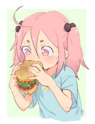 Rule 34 | 1girl, ahoge, burger, eating, eds, female focus, food, happy (eds), highres, holding, holding food, lettuce, matching hair/eyes, original, pink eyes, pink hair, short eyebrows, solo, tomato, twintails, upper body