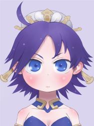 Rule 34 | 1girl, ahoge, bare shoulders, blue eyes, blush, breasts, cleavage, closed mouth, commentary request, detached collar, ebimomo, fuurai no shiren, hair ornament, hairpin, hat, looking at viewer, oryuu, portrait, purple background, purple hair, simple background, solo, white hat