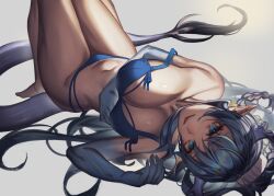Rule 34 | 1girl, :d, arknights, arm under breasts, bare legs, bare shoulders, barefoot, blue bra, blue eyes, blue hair, blue panties, blue skin, bra, braid, breasts, cleavage, collarbone, colored skin, earrings, gradient skin, jewelry, kikan (kikanoe), knees up, large breasts, ling (arknights), long hair, looking at viewer, lying, navel, on back, open mouth, panties, pointy ears, simple background, smile, solo, strap slip, underwear, underwear only, upside-down, very long hair, white background