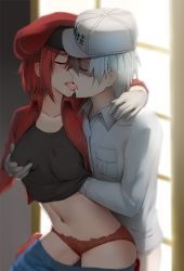 Rule 34 | 10s, 1boy, 1girl, ae-3803, black shirt, blush, grabbing another&#039;s breast, clothes pull, collarbone, commentary, closed eyes, french kiss, ginhaha, gloves, grabbing, hand under clothes, hand under shirt, hat, hataraku saibou, hetero, jacket, kiss, navel, panties, red blood cell (hataraku saibou), red hair, red jacket, red panties, saliva, shirt, short hair, shorts, shorts pull, tongue, u-1146, underwear, white blood cell (hataraku saibou), white gloves, white hair