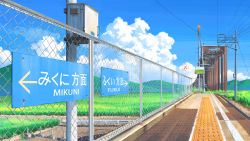 Rule 34 | blue sky, cable, chinese commentary, cloud, cloudy sky, commentary request, english text, fence, grass, grasslands, highres, hiragana, kanji, landscape, mountain, nature, no humans, original, railroad tracks, scenery, sign, sky, utility pole, xingzhi lv