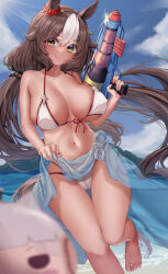 Rule 34 | &gt;:), 1girl, barefoot, beach, bikini, blue sky, blurry, blurry foreground, blush, breasts, breasts apart, brown hair, cameltoe, cleavage, closed mouth, clothes lift, cloud, collarbone, covered erect nipples, day, floating hair, front-tie top, gold ship (umamusume), groin, hair between eyes, hand up, highres, holding, holding water gun, large breasts, lifting own clothes, long hair, looking at viewer, micro bikini, multicolored hair, navel, outdoors, parted bangs, running, sarong, sarong lift, see-through, see-through sarong, sky, smile, smug, solo focus, stomach, strap gap, swimsuit, tabunshake, thigh gap, thighs, toenails, toes, twintails, two-tone hair, umamusume, undone bikini, v-shaped eyebrows, very long hair, wardrobe malfunction, water, water gun, white hair, wide hips, yamanin zephyr (umamusume), yellow eyes