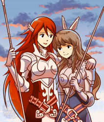 Rule 34 | 2girls, aquanut, armor, belt, blush, breastplate, brown hair, cloud, cloudy sky, cordelia (fire emblem), feather hair ornament, feathers, fire emblem, fire emblem awakening, gauntlets, hair ornament, hand on another&#039;s shoulder, long hair, looking at another, multiple girls, nintendo, pauldrons, pegasus knight uniform (fire emblem), polearm, red hair, shoulder armor, sky, spear, sumia (fire emblem), weapon, yuri