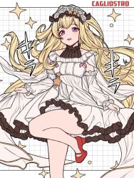 Rule 34 | 1girl, bare shoulders, blonde hair, blush, breasts, cagliostro (granblue fantasy), character name, dress, flower, granblue fantasy, grid background, hair flower, hair ornament, highres, ll 0109, long hair, long sleeves, looking at viewer, open mouth, purple eyes, red footwear, small breasts, smile, solo, sparkle, thighs, two side up, very long hair, white dress